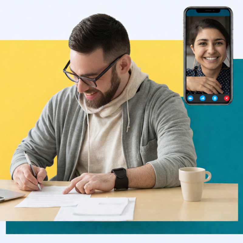 Man working at a desk with a laptop, taking notes, and a phone call on a colorful background